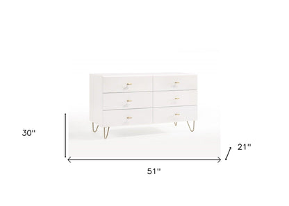 51" White Manufactured Wood Six Drawer Double Dresser - FurniFindUSA