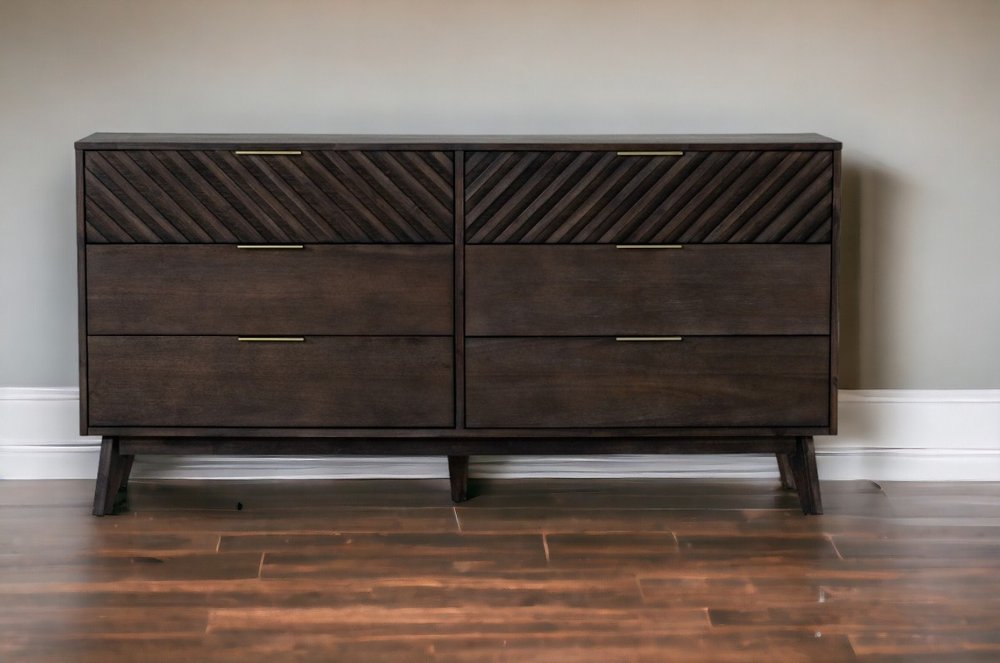 65" Dark Brown Solid Wood Six Drawer Double Dresser HomeRoots