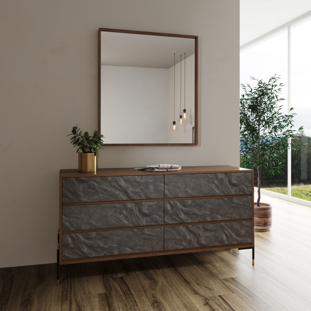 63" Walnut And Grey Faux Marble Wood Six Drawer Double Dresser HomeRoots