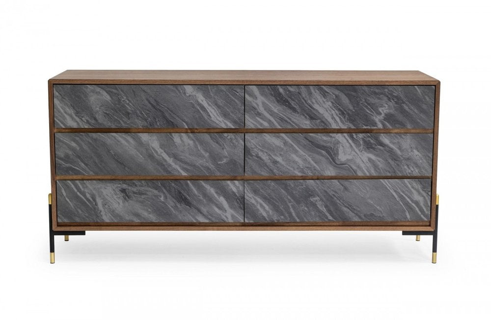 63" Walnut And Grey Faux Marble Wood Six Drawer Double Dresser HomeRoots