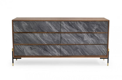 63" Walnut And Grey Faux Marble Wood Six Drawer Double Dresser HomeRoots