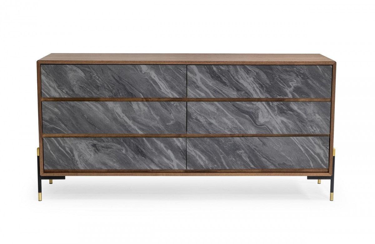 63" Walnut And Grey Faux Marble Wood Six Drawer Double Dresser - FurniFindUSA