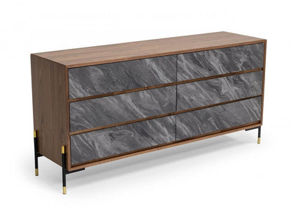 63" Walnut And Grey Faux Marble Wood Six Drawer Double Dresser - FurniFindUSA