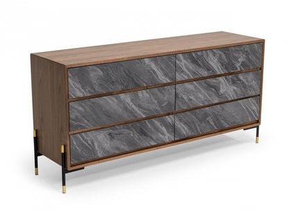 63" Walnut And Grey Faux Marble Wood Six Drawer Double Dresser HomeRoots