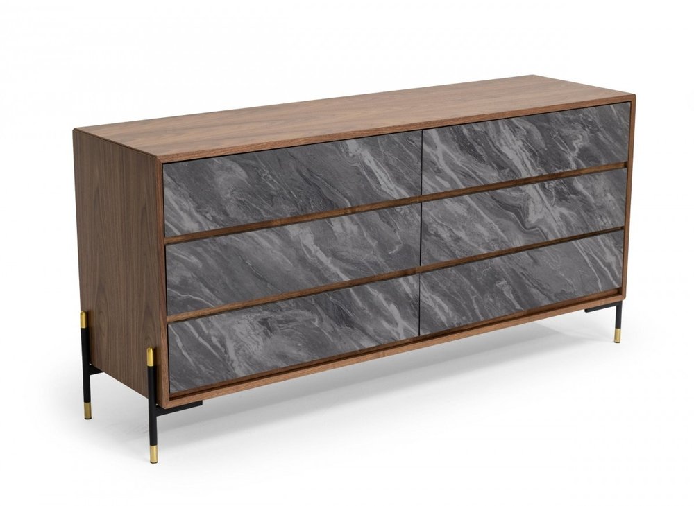 63" Walnut And Grey Faux Marble Wood Six Drawer Double Dresser HomeRoots