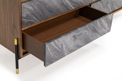 63" Walnut And Grey Faux Marble Wood Six Drawer Double Dresser HomeRoots