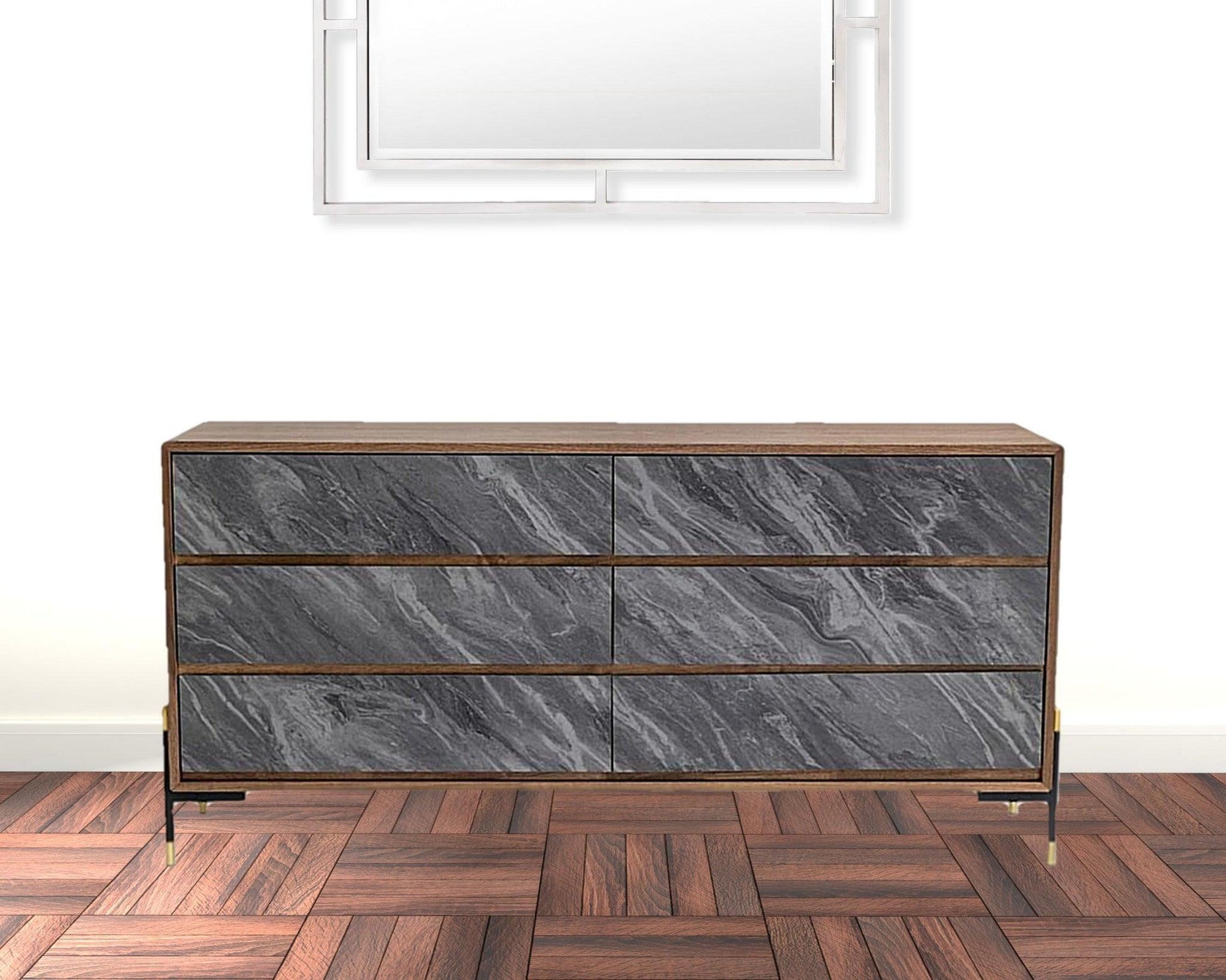 63" Walnut And Grey Faux Marble Wood Six Drawer Double Dresser - FurniFindUSA