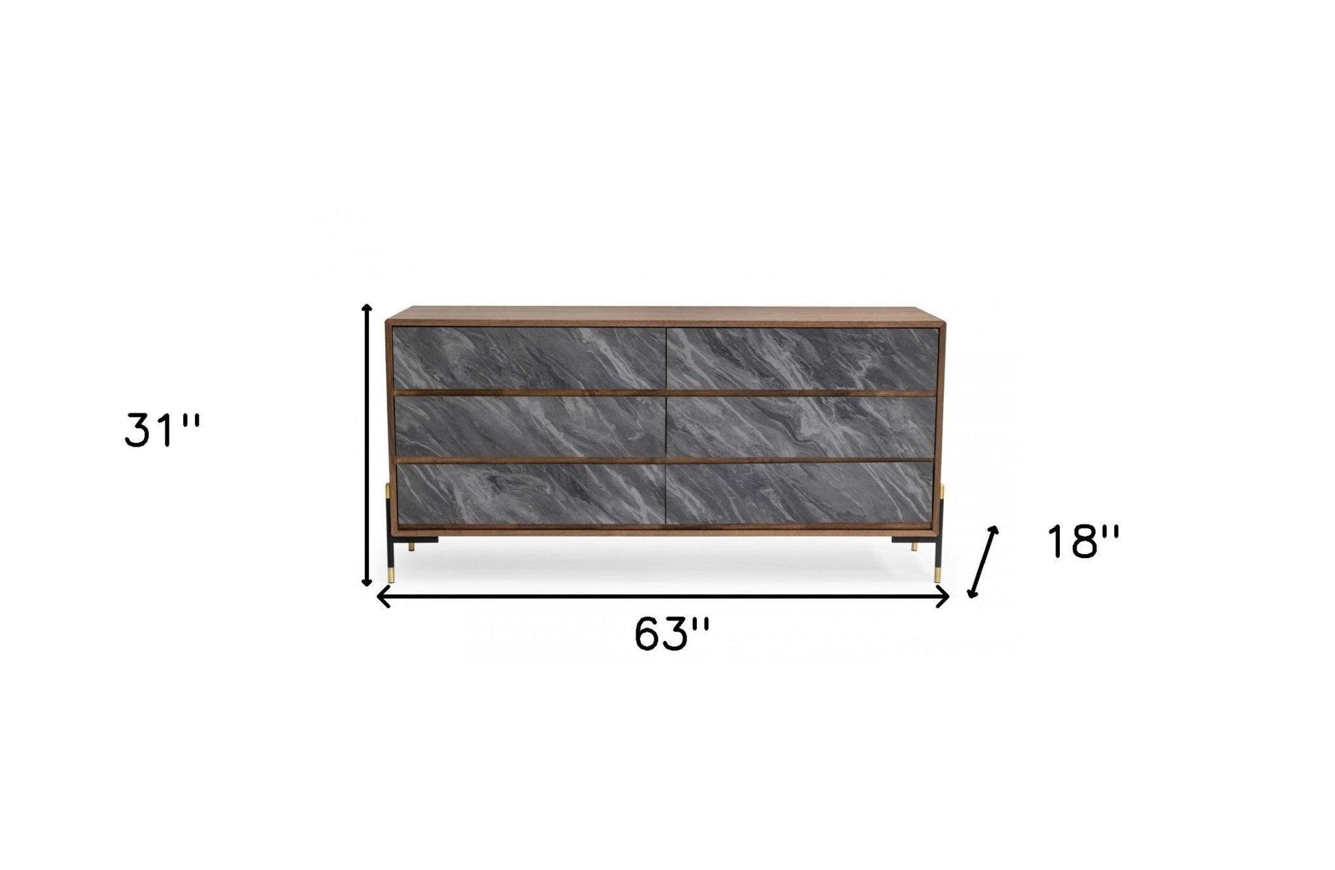 63" Walnut And Grey Faux Marble Wood Six Drawer Double Dresser - FurniFindUSA