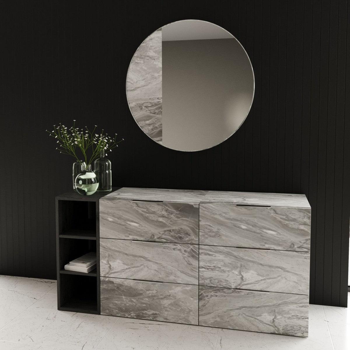 63" Grey Faux Marble and Black Wood Six Drawer Double Dresser - FurniFindUSA