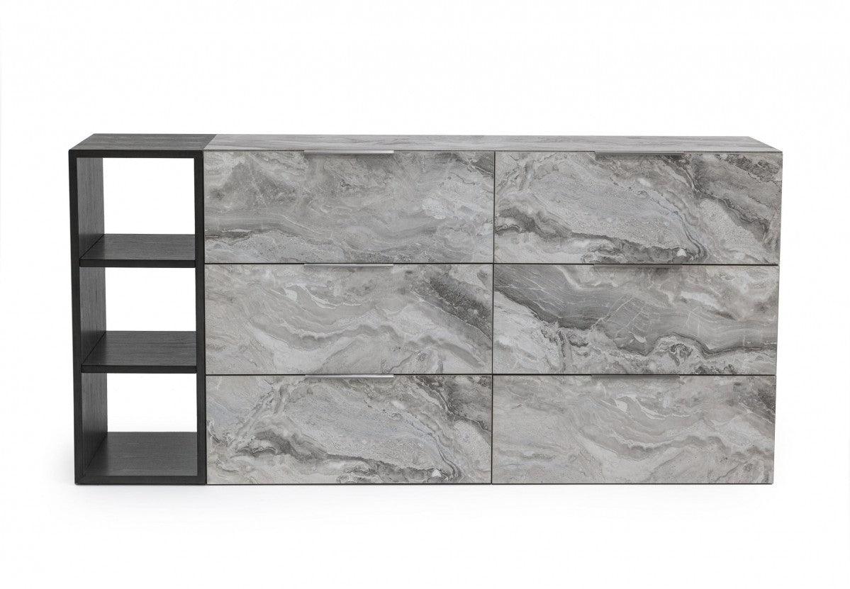 63" Grey Faux Marble and Black Wood Six Drawer Double Dresser - FurniFindUSA