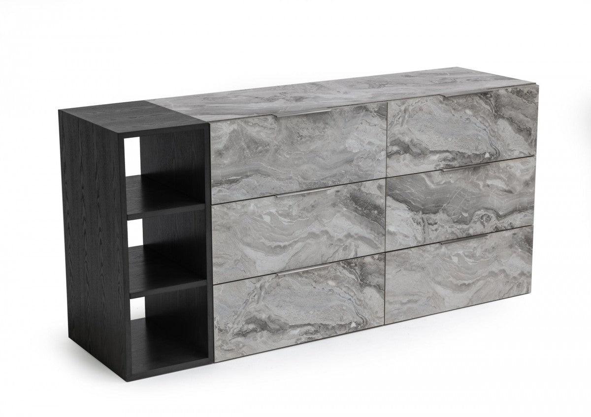 63" Grey Faux Marble and Black Wood Six Drawer Double Dresser - FurniFindUSA