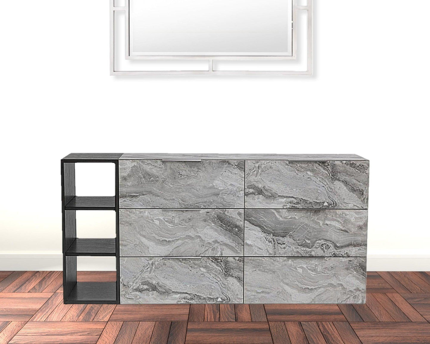 63" Grey Faux Marble and Black Wood Six Drawer Double Dresser - FurniFindUSA