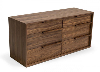 60" Walnut Manufactured Wood Six Drawer Double Dresser - FurniFindUSA