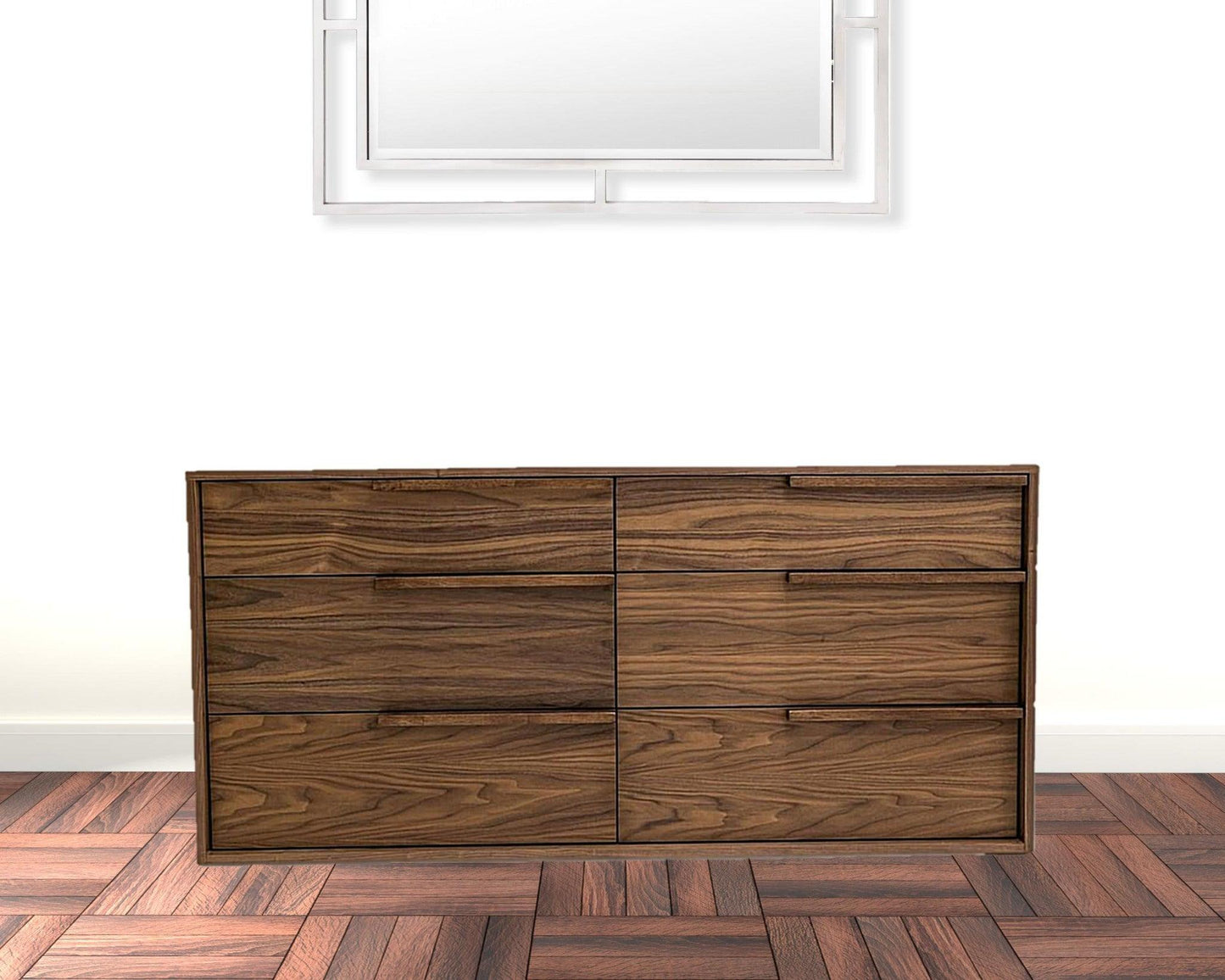 60" Walnut Manufactured Wood Six Drawer Double Dresser - FurniFindUSA