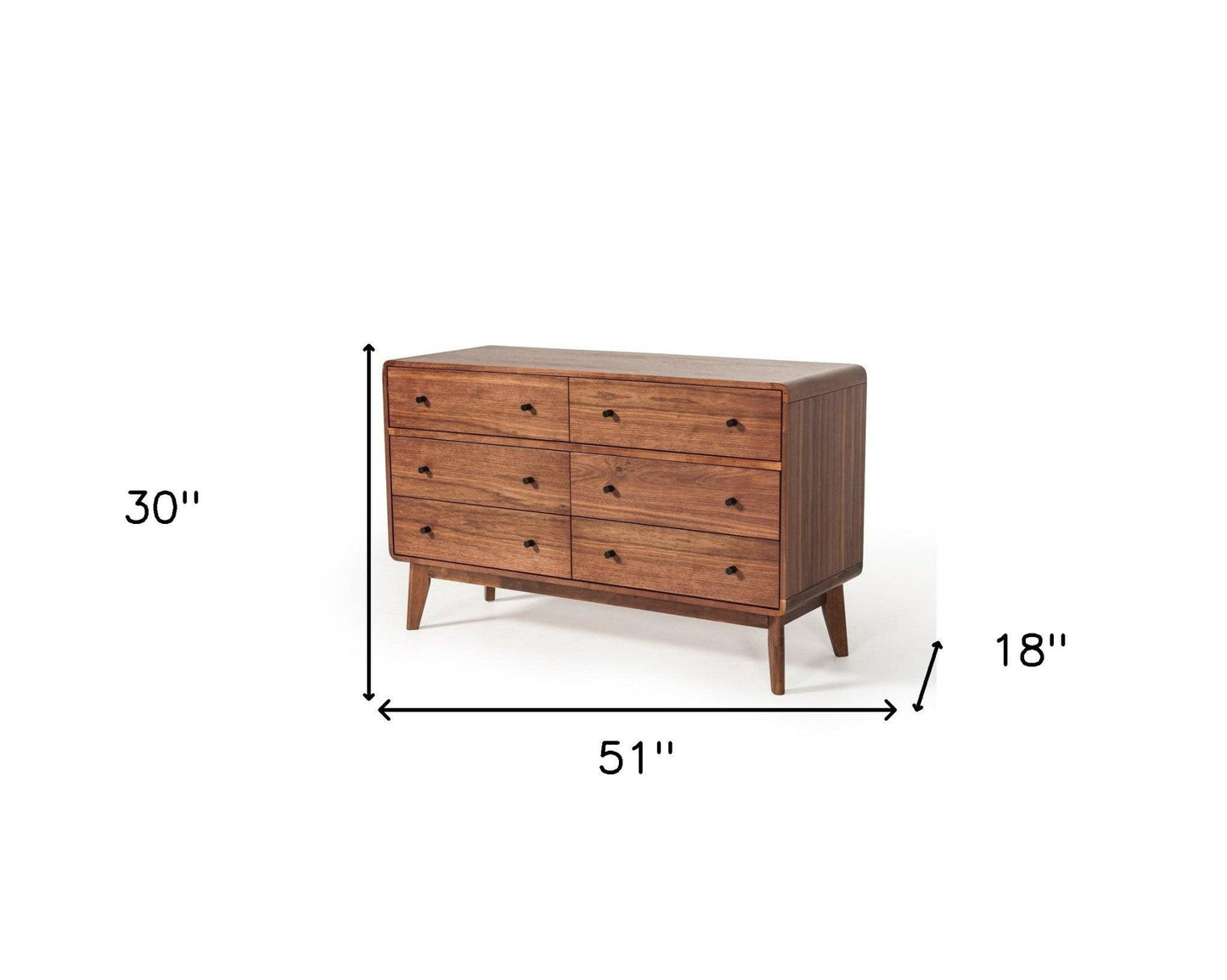 51" Walnut Solid Wood Six Drawer Double Dresser - FurniFindUSA