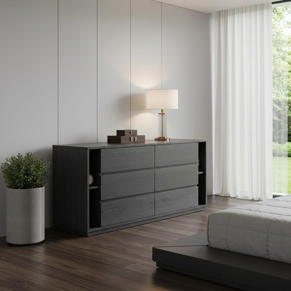 63" Grey Solid Wood Six Drawer Double Dresser HomeRoots