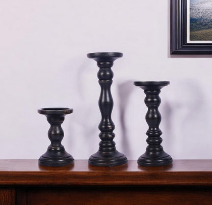 Set of Three Matte Black Genuine Wood Hand Carved Pillar Candle Holders