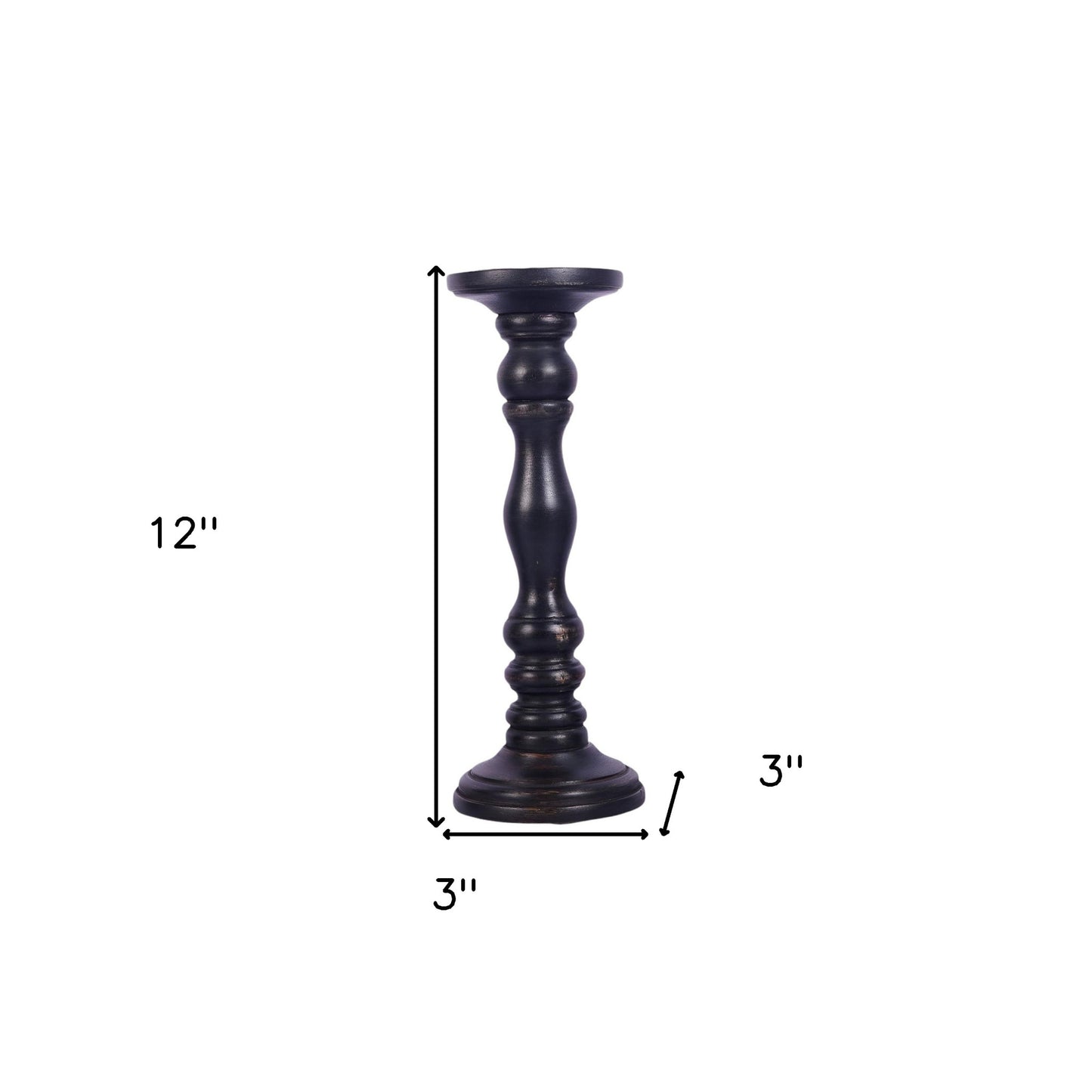 Set of Three Matte Black Genuine Wood Hand Carved Pillar Candle Holders