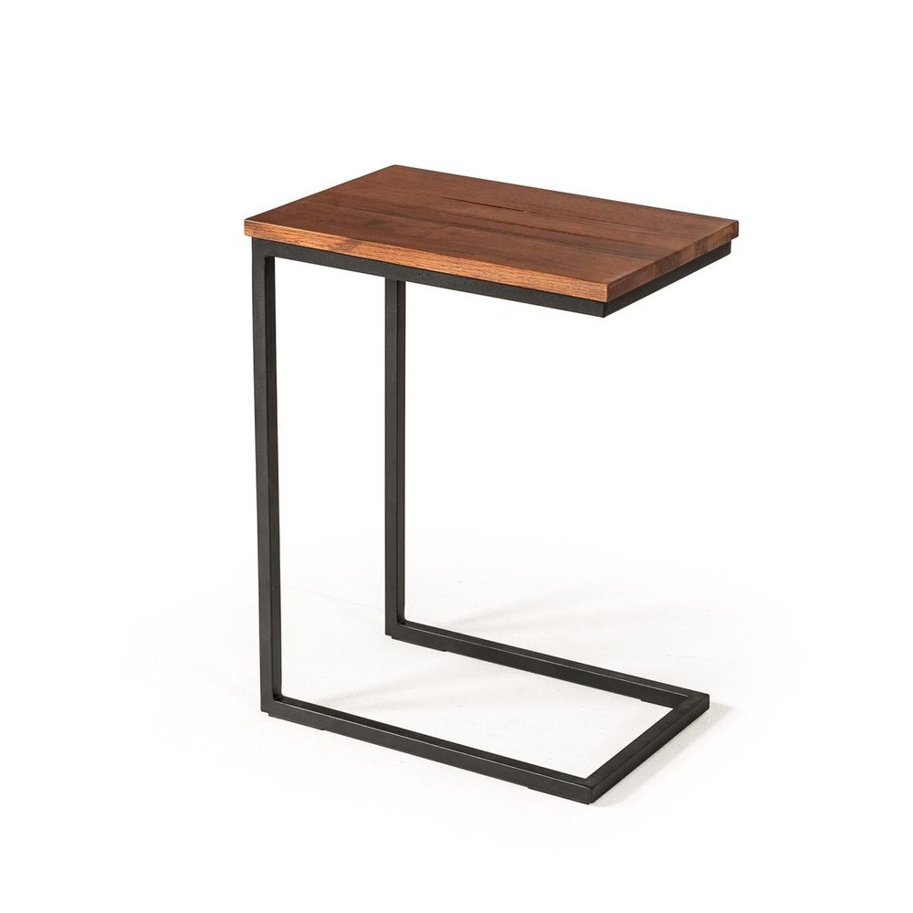 Modern Rustic Brown Aged Oak Wood and Metal C Shape Snack Table HomeRoots