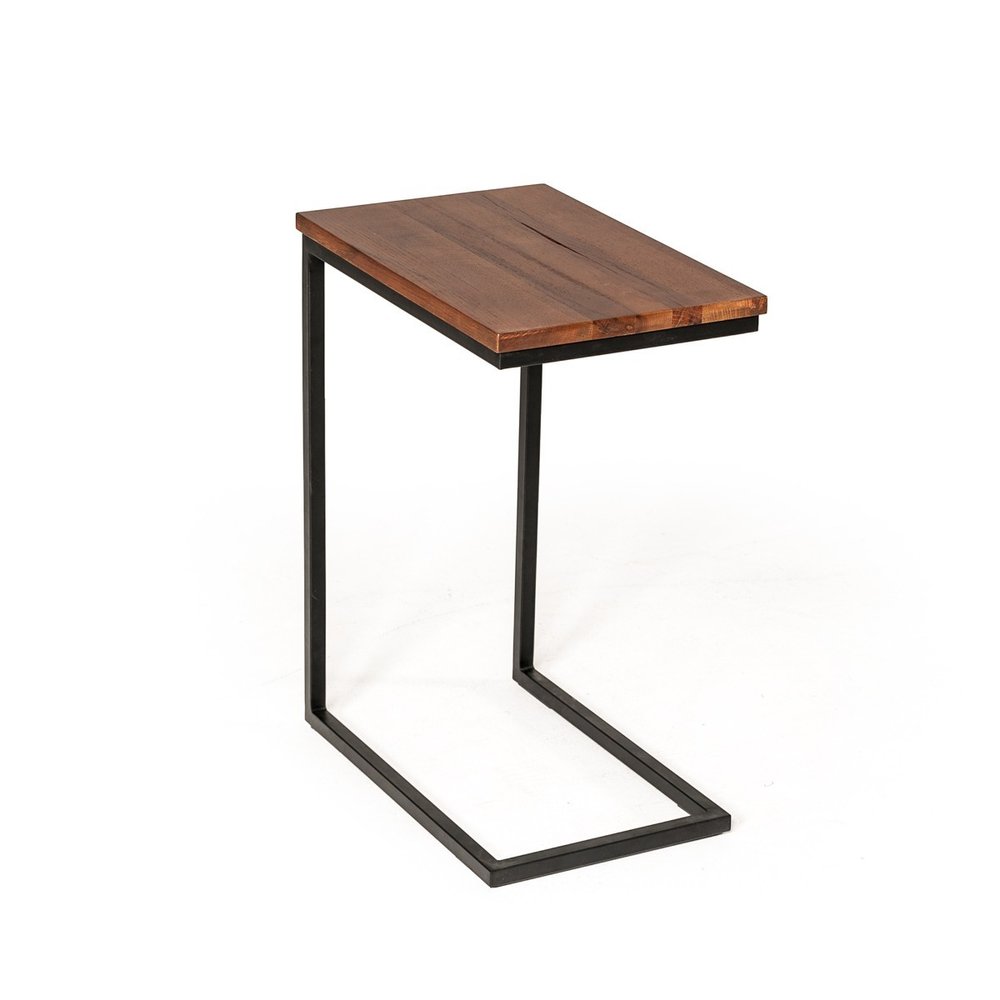 Modern Rustic Brown Aged Oak Wood and Metal C Shape Snack Table HomeRoots
