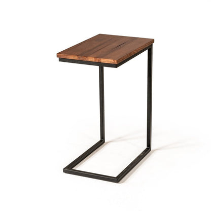 Modern Rustic Brown Aged Oak Wood and Metal C Shape Snack Table HomeRoots