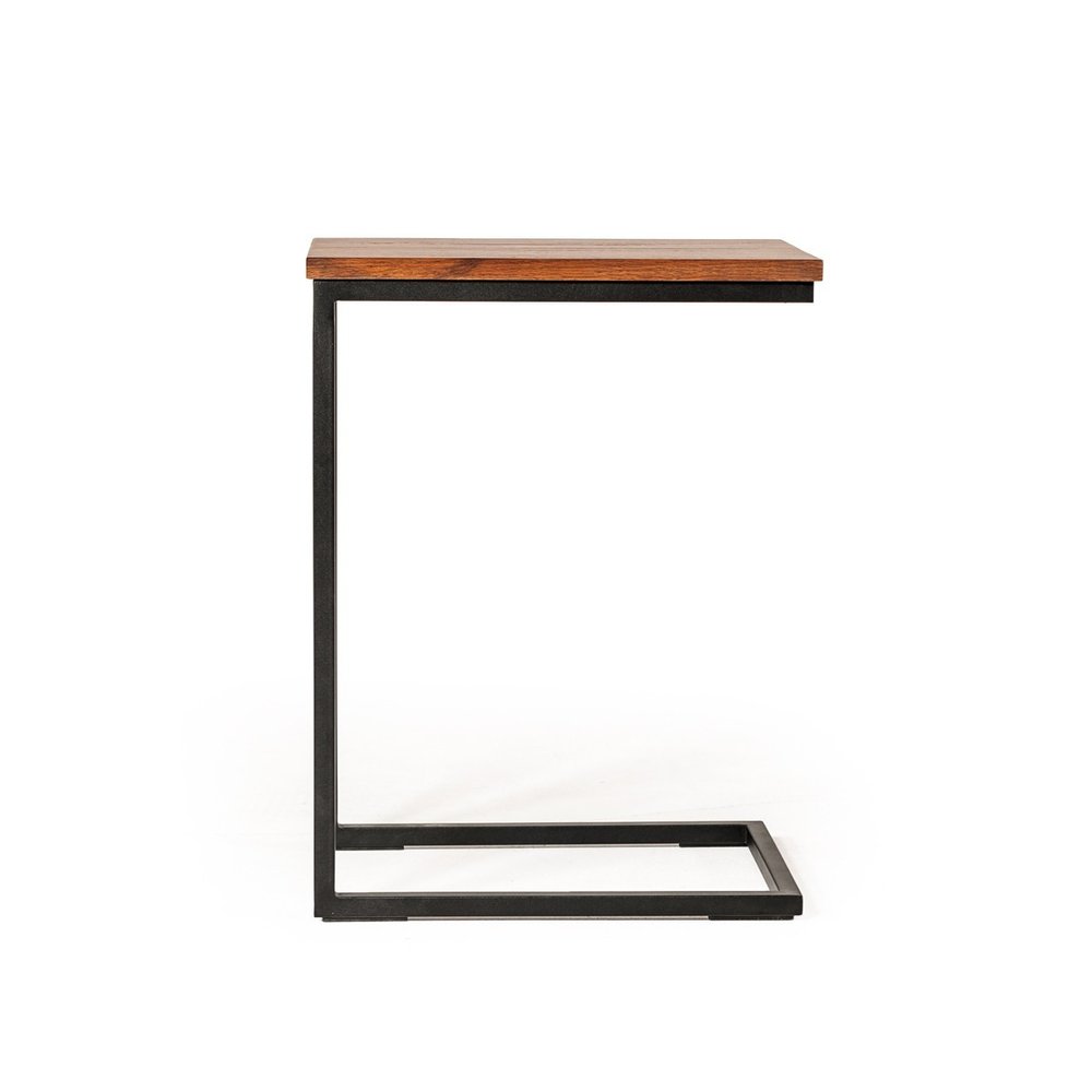 Modern Rustic Brown Aged Oak Wood and Metal C Shape Snack Table HomeRoots