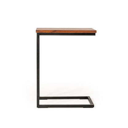Modern Rustic Brown Aged Oak Wood and Metal C Shape Snack Table HomeRoots