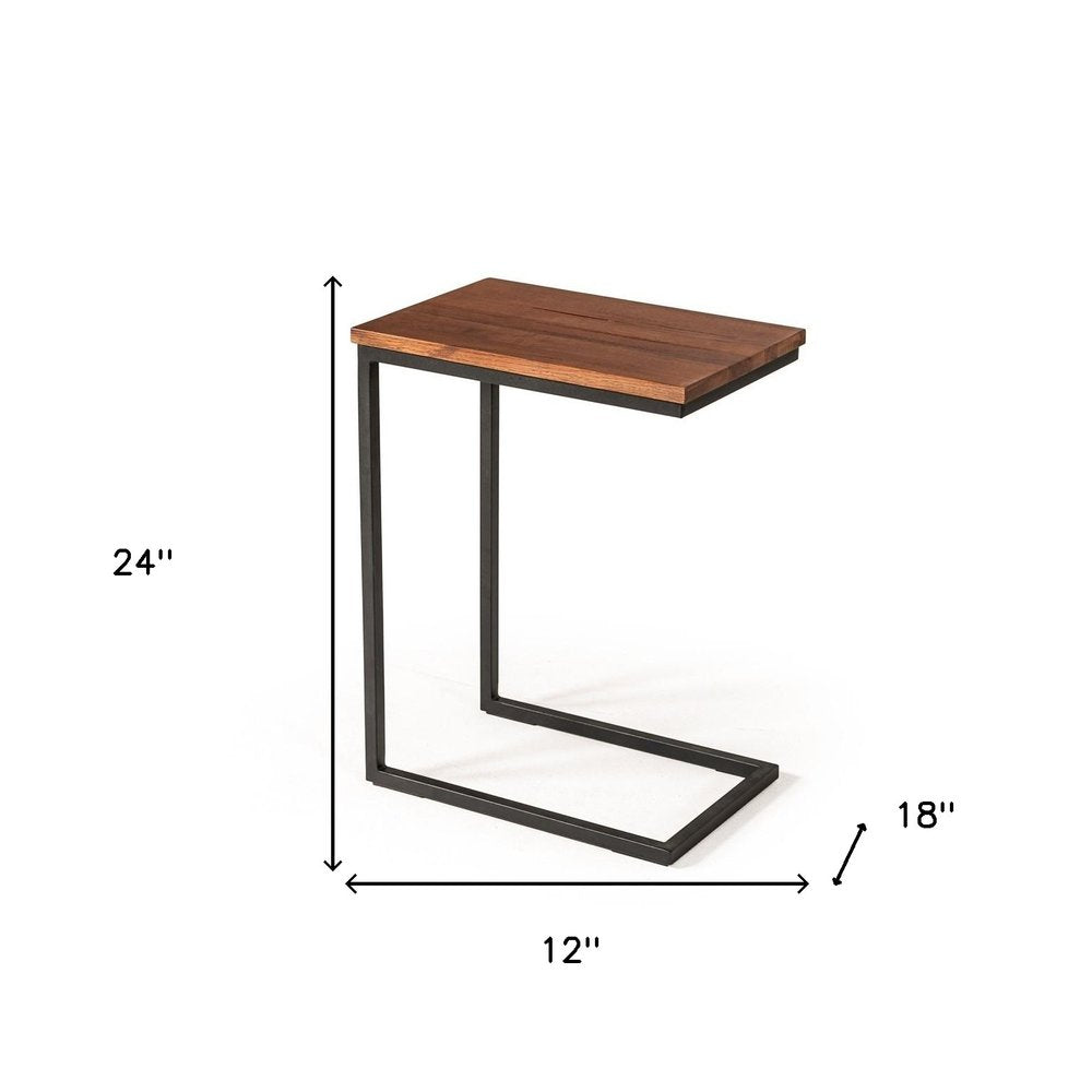 Modern Rustic Brown Aged Oak Wood and Metal C Shape Snack Table HomeRoots