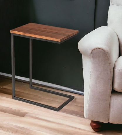 Modern Rustic Brown Aged Oak Wood and Metal C Shape Snack Table HomeRoots