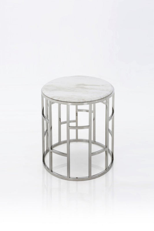 Stylish Silver And White Marble Round Geometric End or Side Table HomeRoots