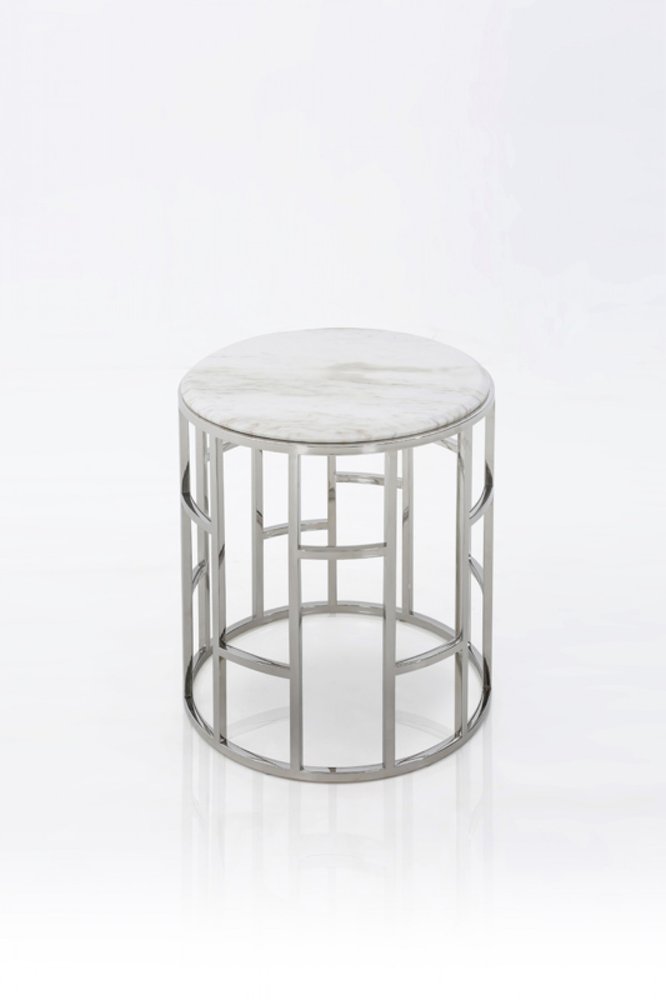 Stylish Silver And White Marble Round Geometric End or Side Table HomeRoots