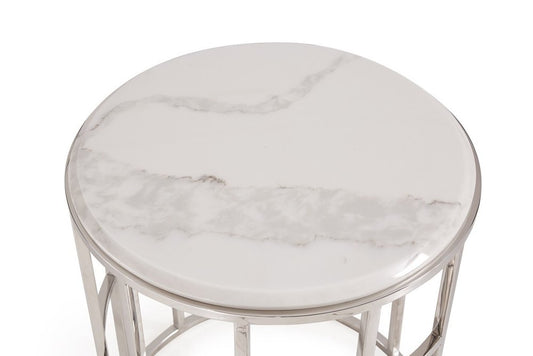 Stylish Silver And White Marble Round Geometric End or Side Table HomeRoots