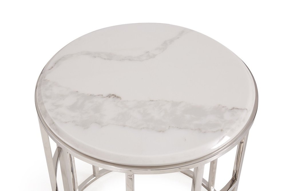 Stylish Silver And White Marble Round Geometric End or Side Table HomeRoots