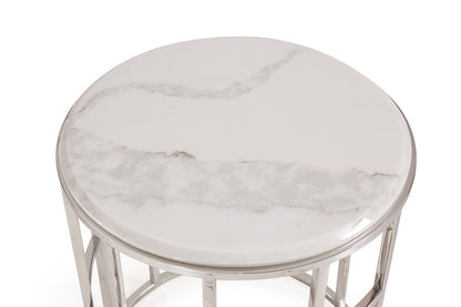 Stylish Silver And White Marble Round Geometric End or Side Table HomeRoots