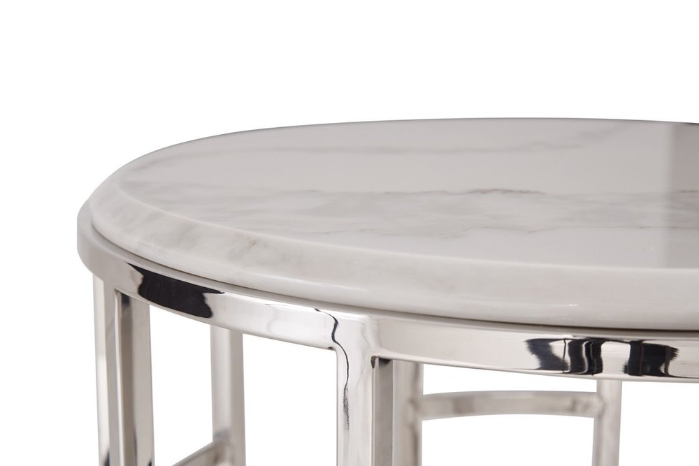 Stylish Silver And White Marble Round Geometric End or Side Table HomeRoots