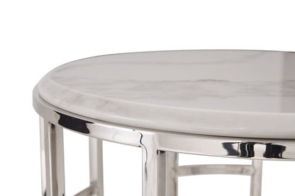 Stylish Silver And White Marble Round Geometric End or Side Table HomeRoots