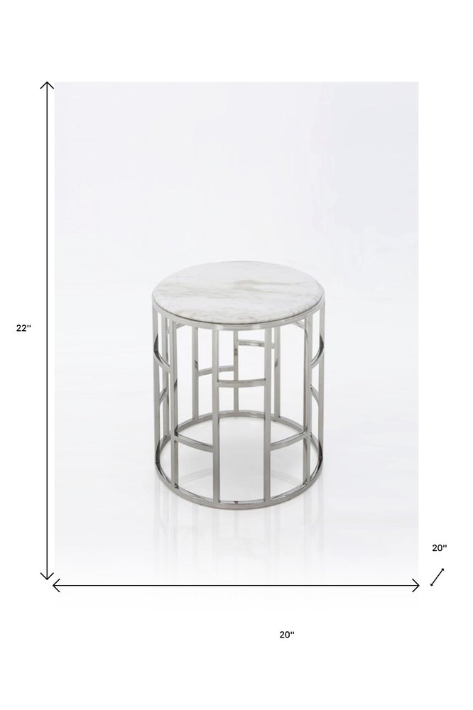 Stylish Silver And White Marble Round Geometric End or Side Table HomeRoots