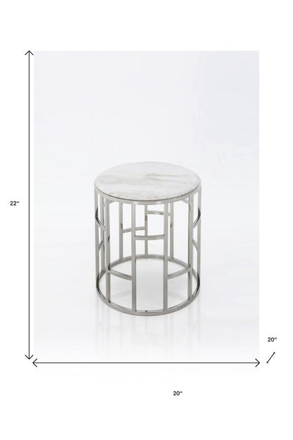 Stylish Silver And White Marble Round Geometric End or Side Table HomeRoots