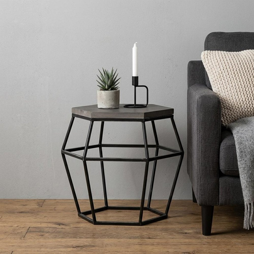 Modern Gray Concrete and Black Metal Hexagonal End Table HomeRoots