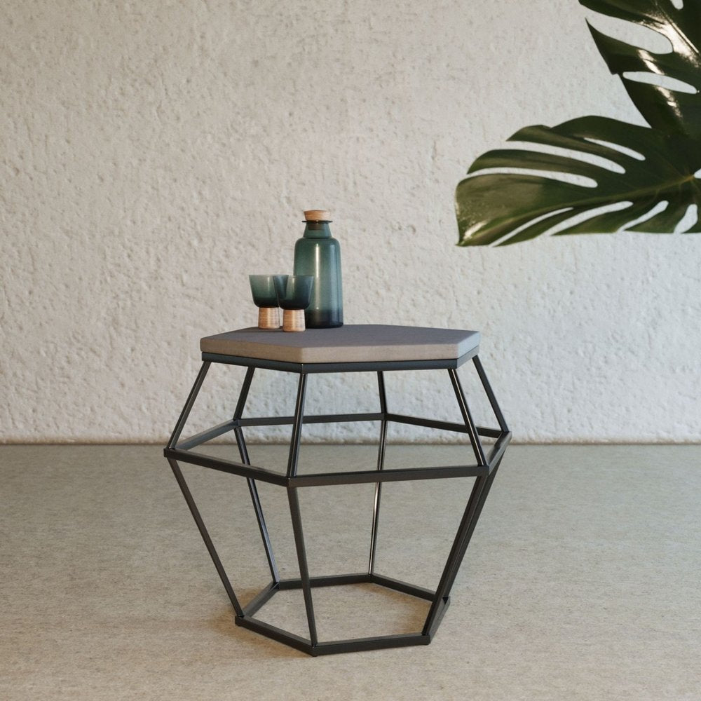 Modern Gray Concrete and Black Metal Hexagonal End Table HomeRoots