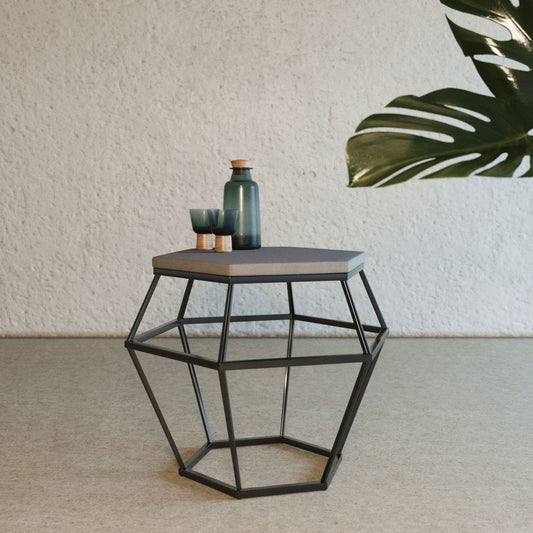 Modern Gray Concrete and Black Metal Hexagonal End Table HomeRoots