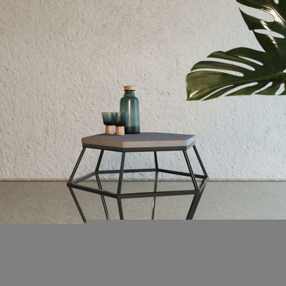 Modern Gray Concrete and Black Metal Hexagonal End Table HomeRoots