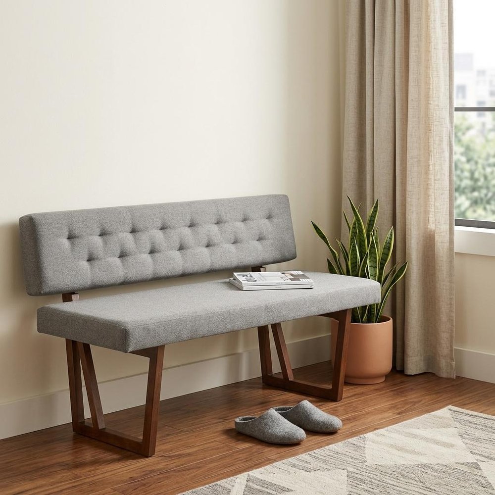 63" Gray and Brown Upholstered Linen Blend Dining Bench HomeRoots