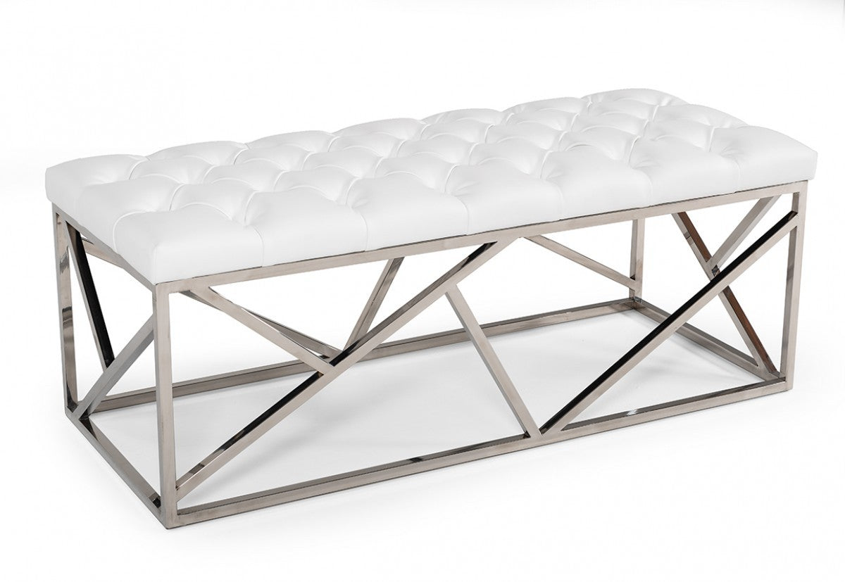 48" White and Silver Tufted Faux Leather Upholstered Bench