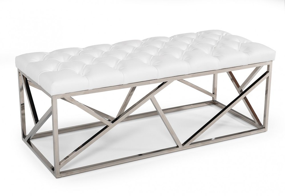 48" White and Silver Tufted Faux Leather Upholstered Bench HomeRoots