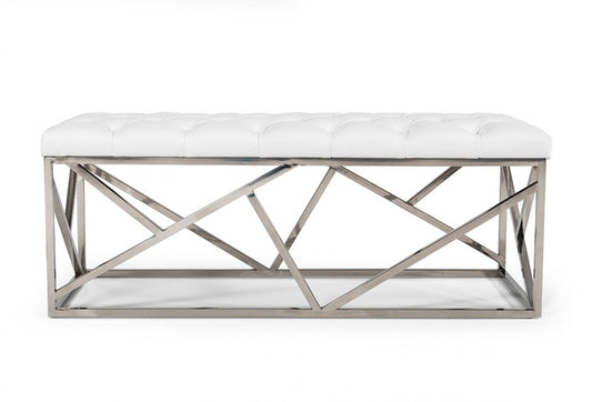 48" White and Silver Tufted Faux Leather Upholstered Bench HomeRoots