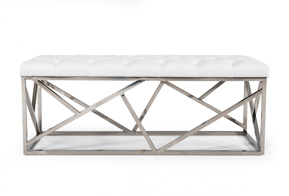 48" White and Silver Tufted Faux Leather Upholstered Bench HomeRoots