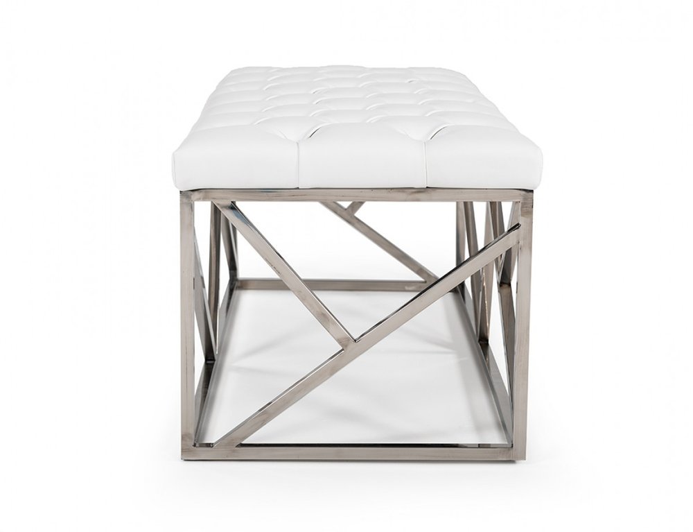 48" White and Silver Tufted Faux Leather Upholstered Bench HomeRoots