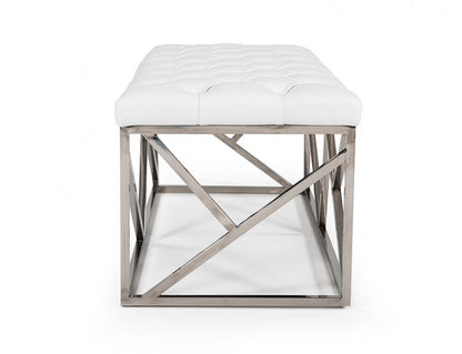 48" White and Silver Tufted Faux Leather Upholstered Bench HomeRoots