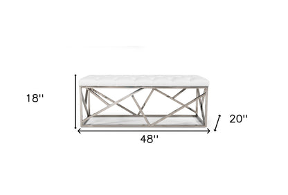 48" White and Silver Tufted Faux Leather Upholstered Bench